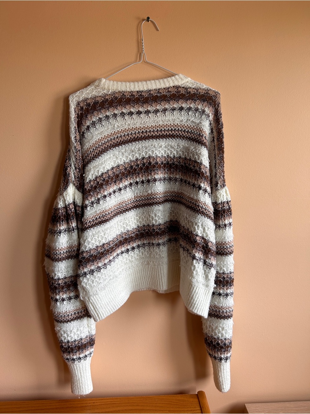 Black Tape_ Cream and Brown Striped Knit Crewneck Sweater - Picture 3 of 8